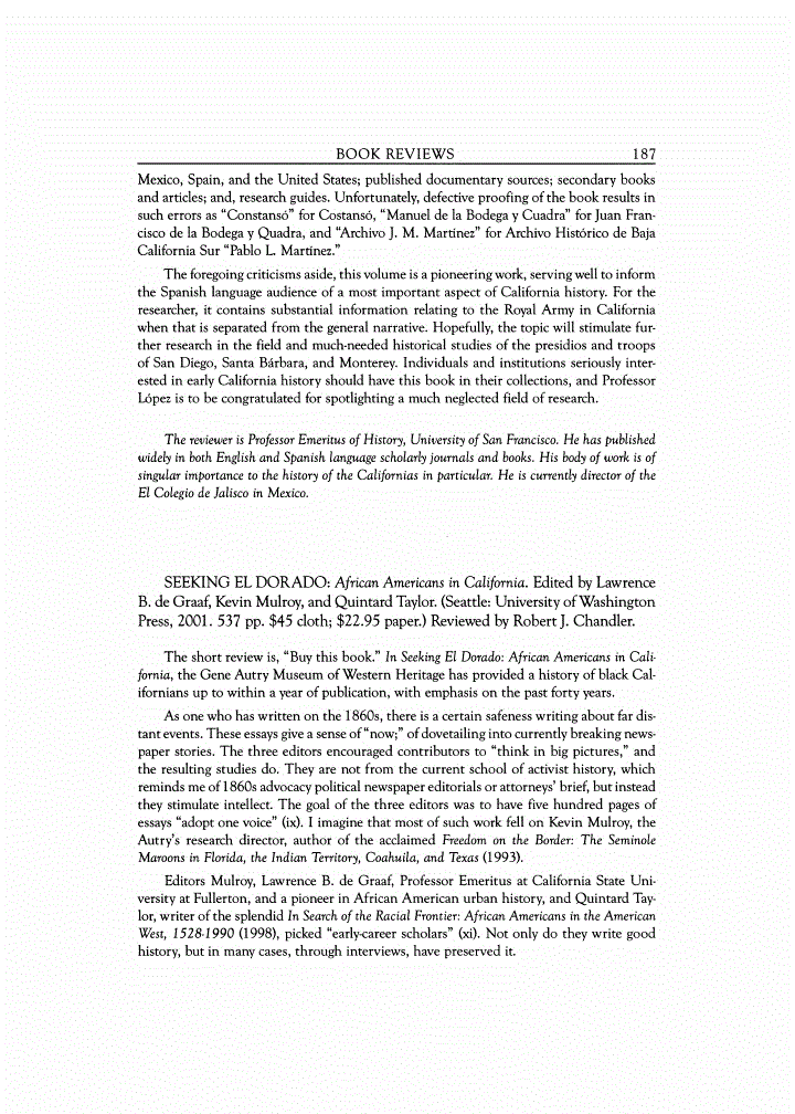 First page of Review: <italic>SEEKING EL DORADO: African Americans in California</italic>, by Lawrence B. de Graaf, Kevin Mulroy, and Quintard Taylor