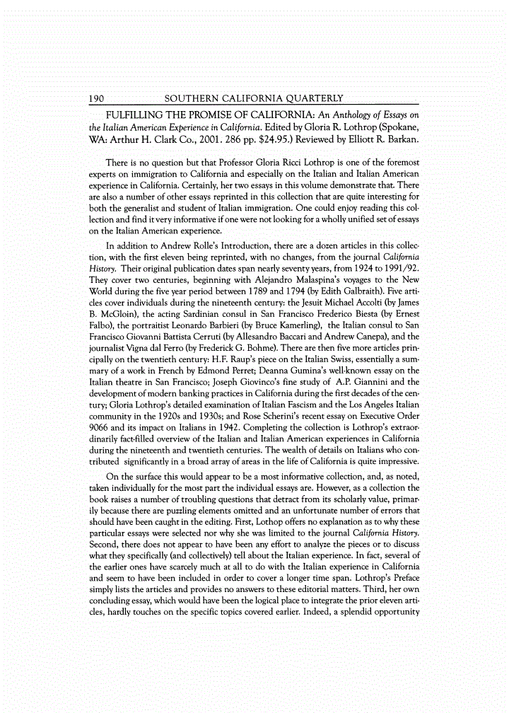 First page of Review: <italic>FULFILLING THE PROMISE OF CALIFORNIA: An Anthology of Essays on the Italian American Experience in California</italic>, by Gloria R. Lothrop