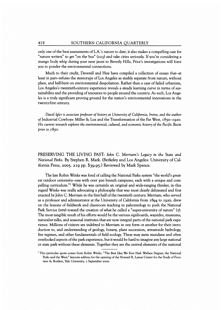First page of Review: <italic>PRESERVING THE LIVING PAST: John C. Merriam's Legacy in the State and National Parks</italic>, by Stephen R. Mark