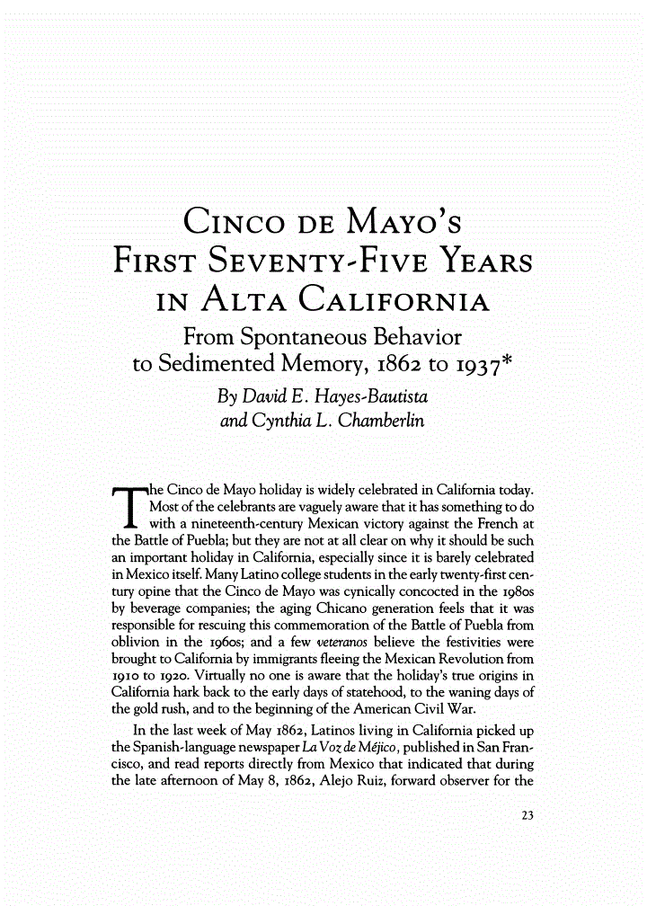 First page of Cinco de Mayo's First Seventy-Five Years in Alta California: From Spontaneous Behavior to Sedimented Memory, 1862 to 1937