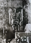Tomb 327 of Piazza Corrubbio and the position of the coin on lumbar vertebrae and under the left hand. Photo by Francesca Meloni (Archive of MIBACT-SABAC of Verona, Rovigo e Vicenza. Prot.11548, 17.04.2024).