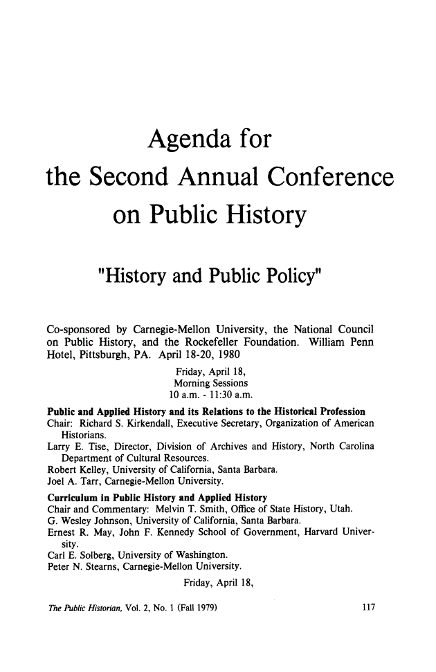 First page of Agenda for the Second Annual Conference on Public History: "History and Public Policy"