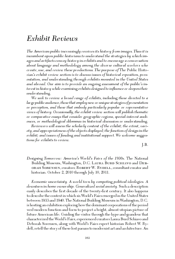 First page of Review: <italic>Designing Tomorrow: America's World's Fairs of the 1930s</italic>