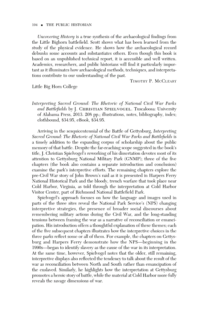 First page of Book Review: Interpreting Sacred Ground: The Rhetoric of National Civil War Parks and Battlefields