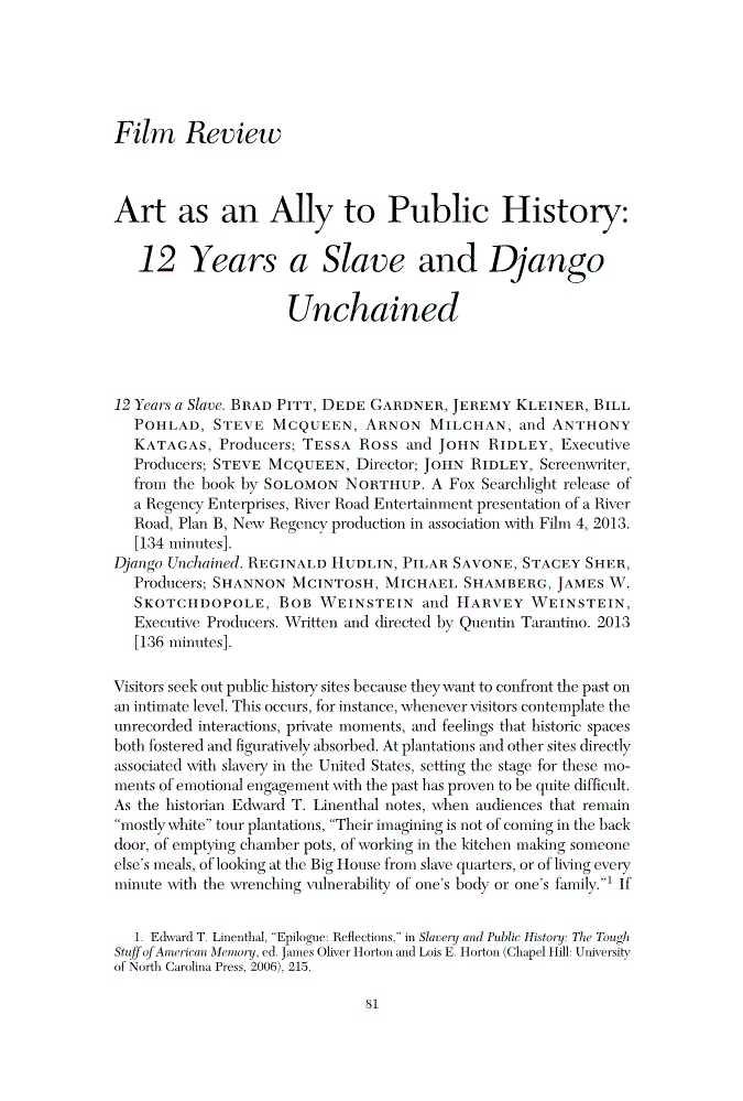 First page of Art as an Ally to Public History<subtitle><italic>12 Years a Slave</italic> and <italic>Django Unchained</italic></subtitle>