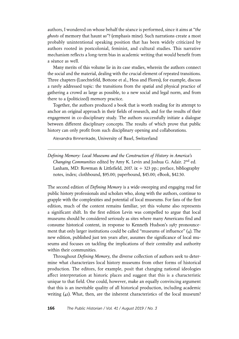 First page of Review: <italic>Defining Memory: Local Museums and the Construction of History in America’s Changing Communities</italic>, edited by Amy K. Levin and Joshua G. Adair