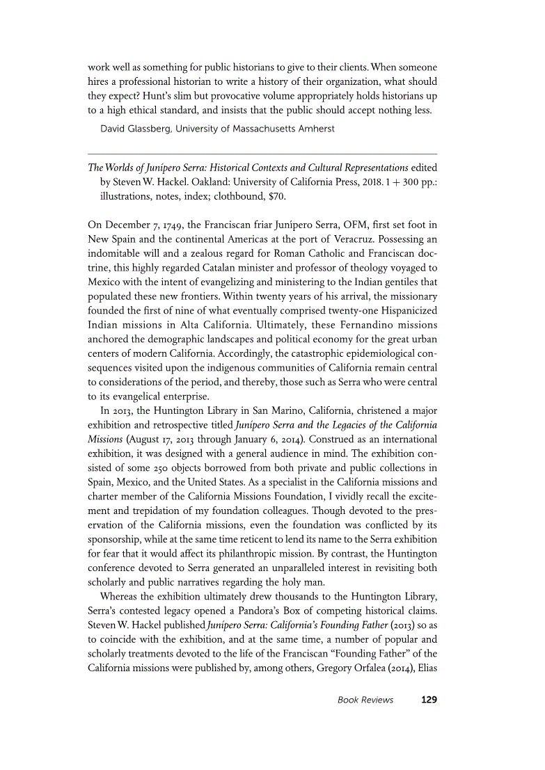 First page of Review: <italic>The Worlds of Junípero Serra: Historical Contexts and Cultural Representations</italic>, edited by Steven W. Hackel