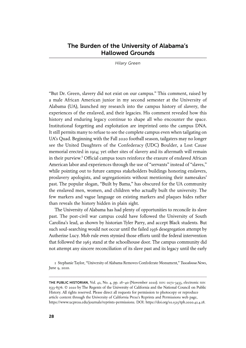 First page of The Burden of the University of Alabama’s Hallowed Grounds