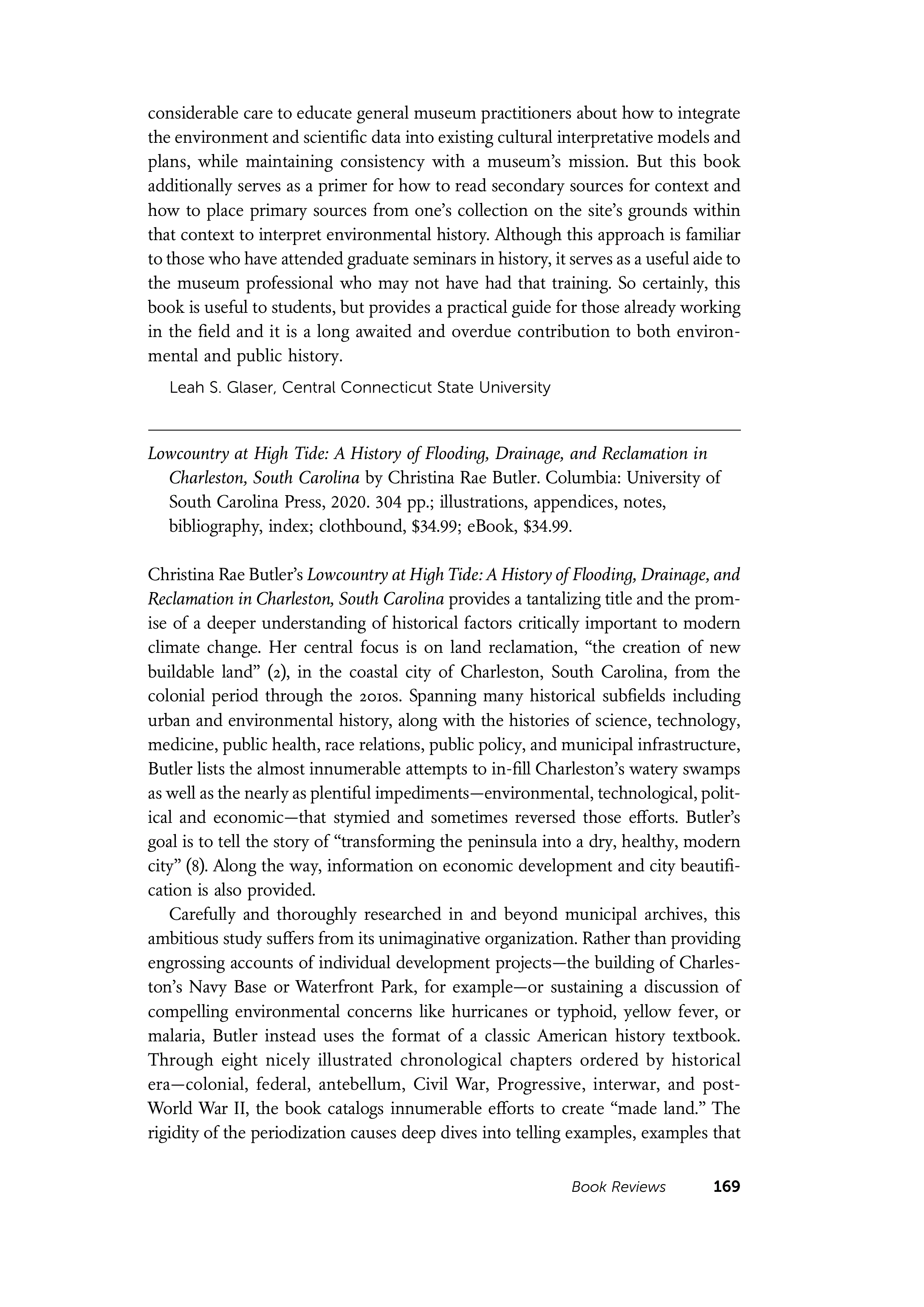 First page of Review: <italic>Lowcountry at High Tide: A History of Flooding, Drainage, and Reclamation in Charleston, South Carolina</italic>, by Christina Rae Butler
