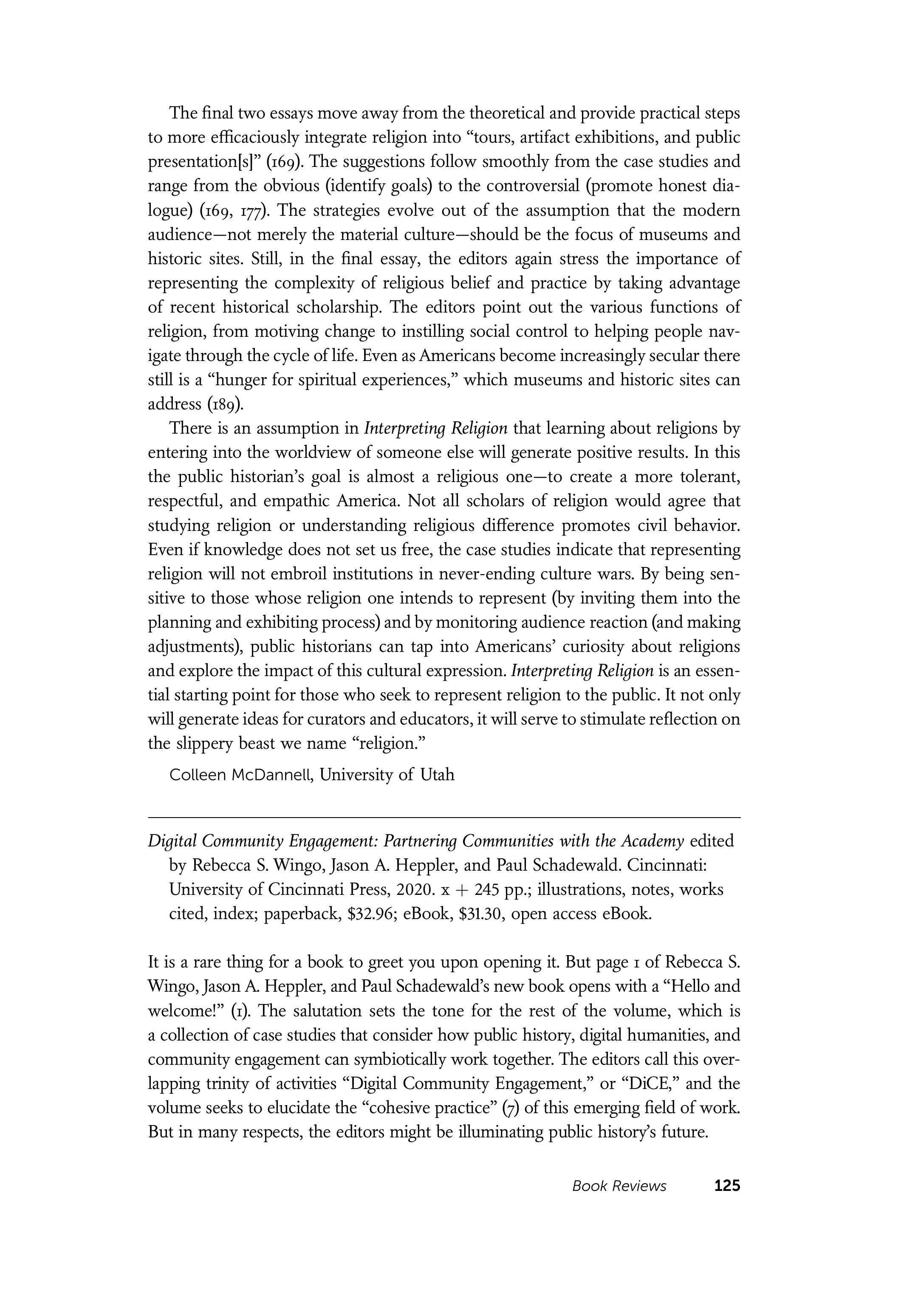 First page of Review: <italic>Digital Community Engagement: Partnering Communities with the Academy</italic>, edited by Rebecca S. Wingo, Jason A. Heppler, and Paul Schadewald