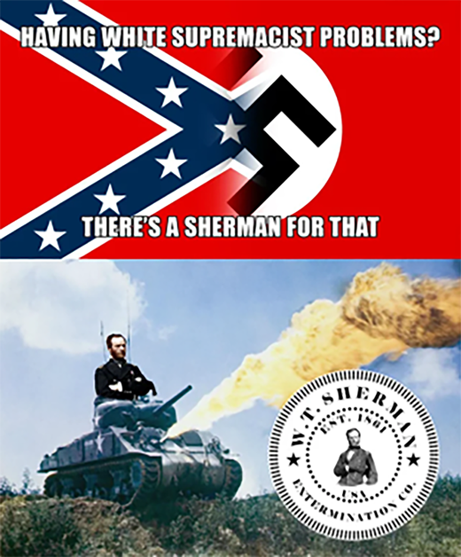 Two generations of “Shermans” team up to incinerate symbols of bigotry. (Reddit)