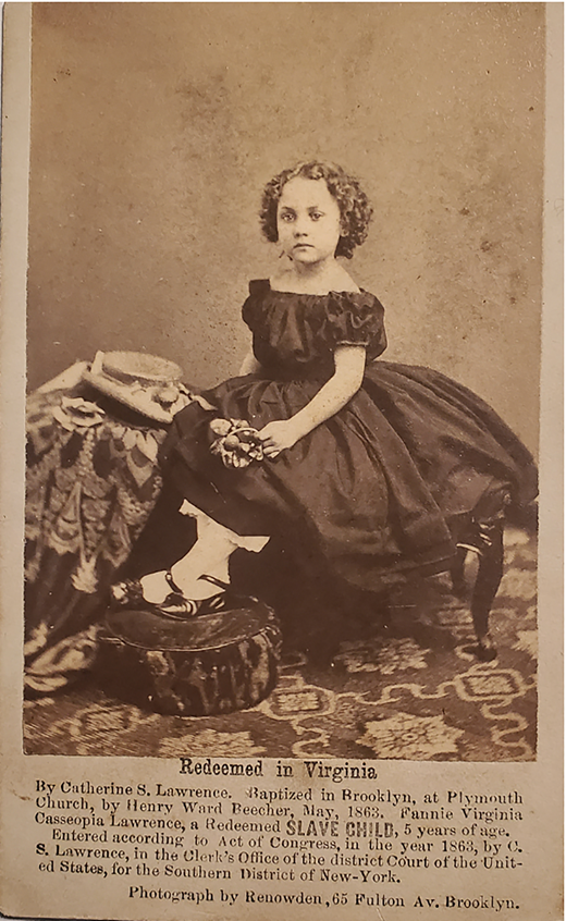 Sold as a fundraiser, the 1864 cdv of Fannie Virginia Casseopia Lawrence demonstrates the competing photographic visions of emancipation. (Courtesy of author’s personal collection)