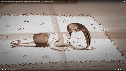 East German girl listening to ghost trains. Scene from the motion comic “Ghost Train.” (Copyright Azam Aghalouie and Hassan Tavakoli, 2020)