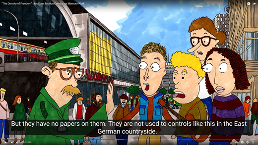 Ernest with friends from the East German countryside being stopped by the police during a visit to East Berlin. Scene from the second MoCom motion comic “The Density of Freedom.” (Copyright Marc Buyny, 2023)
