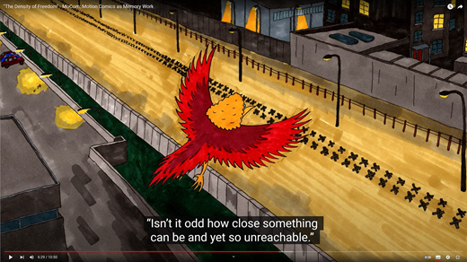 Johanna dreaming of freedom while looking at the Berlin Wall from atop the East Berlin television tower. Scene from the second MoCom motion comic “The Density of Freedom.” (Copyright Marc Buyny, 2023)