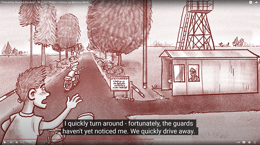 Johannes and his cousin and best friend accidentally coming too close to the inner-German border. Scene from the third MoCom motion comic “Friendship Beyond Borders.” (Copyright Livia Brocke, 2023)