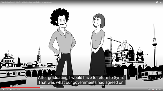 Isi from Syria and his East German fiancé Sylvia trying to figure out their future. Scene from the fourth MoCom motion comic “Wandering Roots.” (Copyright Marc Müller, 2023)