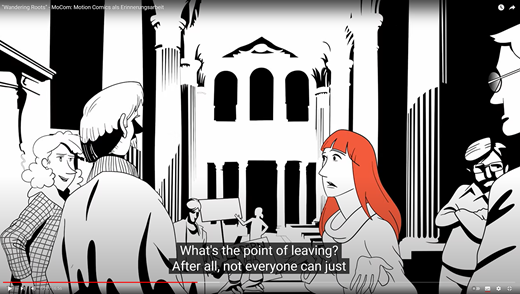 Conni during the Monday peace prayers in Leipzig in the fall of 1989 hoping to change the GDR for the better. Scene from the fourth MoCom motion comic “Wandering Roots.” (Copyright Marc Müller, 2023)